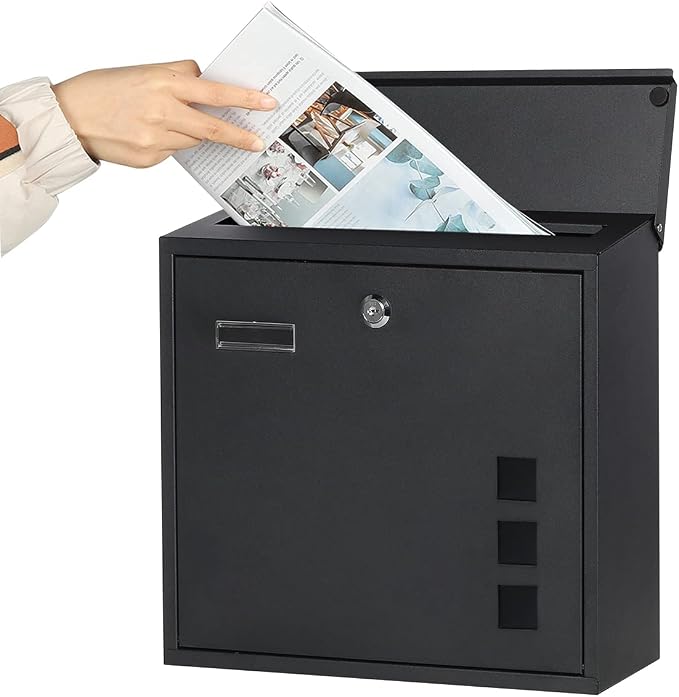 Decaller Galvanized Steel Mailbox with Key Lock, Wall Mount Metal Mail Box Outdoor, 13" x 11.8" x 4.1", 916 Black