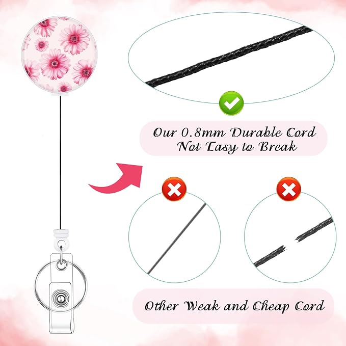 BESARME 3 Pack Badge Reels Retractable Badge Clip with Key Ring Retractable Badge Holders for Office Worker Teacher Nurse Student（Pink Flower）