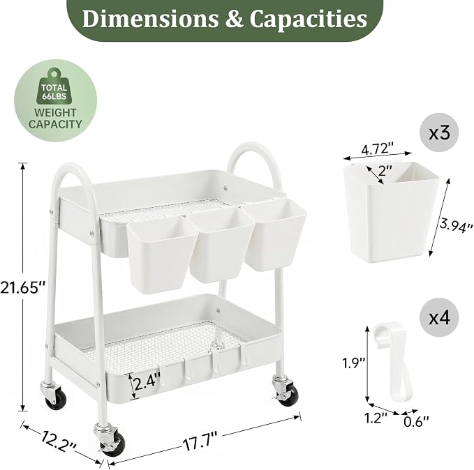 2-Tier Rolling Cart, Utility Cart Mobile Metal Rolling Storage Cart with Lockable Wheels & Hanging Cups & Hooks for Kitchen, Bathroom, Office, Workshop, Purple