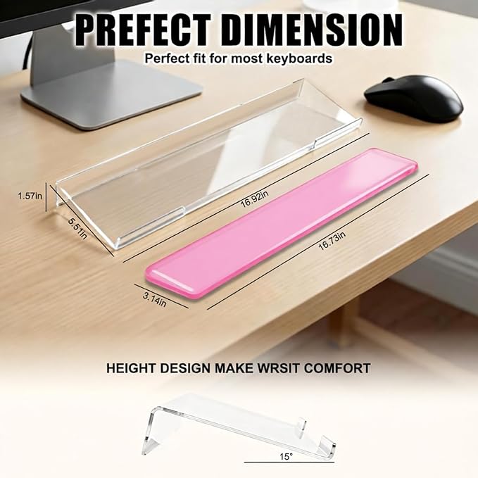 Acrylic Computer Keyboard Stand with Gel Wrist Rest Set(Pink White Set) | Keyboard Riser for Desk Easy Typing with Gel Keyboard Wrist Pad, Anti-Slip Comfort Jelly Clear Wrist Rest Relief Pain