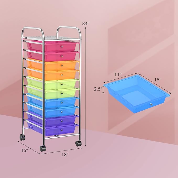 COSTWAY 10-Drawer Rolling Storage Cart, Utility Mobile Trolley | Removable Drawers & Universal Casters & 2 Brakes, Versatile Flexible Drawer Organizer Cart for Home, Office (Rainbow)
