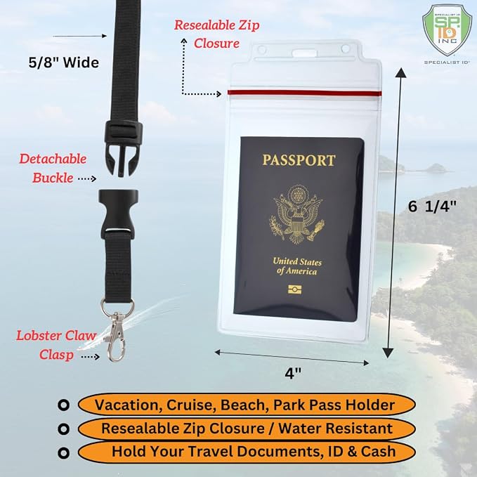 5 Pack - Passport & Vaccination Card Holder - Heavy Duty Waterproof Tear Resistant Sleeve with Zip Top & Premium Breakaway Lanyard - 4X6 Insert for Cruise, Travel, & Beach Vacation Documents (Black)