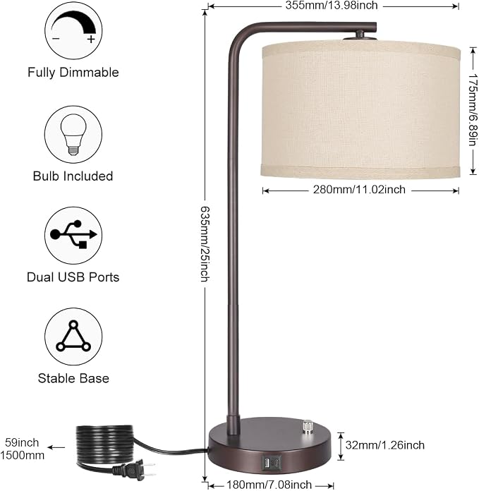 25" Tall Table Lamp with USB C+A Ports, Fully Stepless Dimmable Modern Minimalist Bedside Nightstand Lamp, Reading Desk Lamp for Bedroom, Living Room, Study Room, Office, 9W 3000K LED Bulb Included