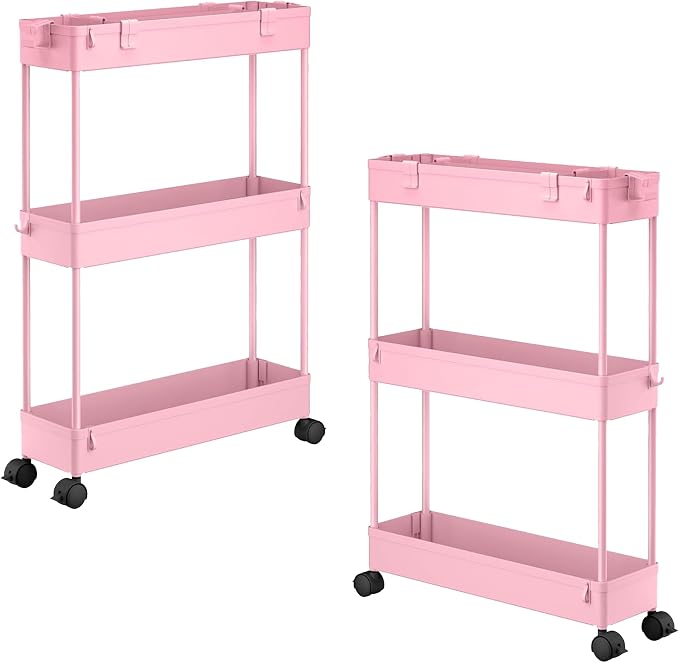 2-piece Set Slim Storage Cart 3 Tier,Bathroom Organizer Rolling Utility,Mobile Shelving Unit Slide Out for Office, Kitchen, Laundry Room & Narrow Places