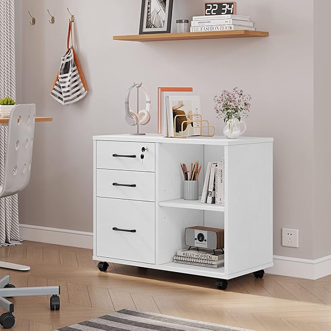 Panana 3 Drawer Office File Cabinets, Mobile Lateral Printer Stand with Open Storage Shelf, Rolling Filing Cabinet with Wheels Home Office Organization and Storage (White)