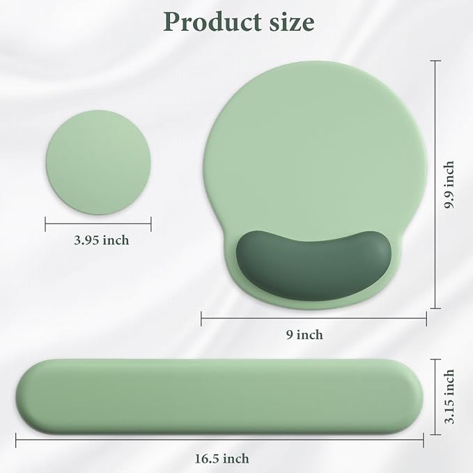3 in 1 Ergonomic Mouse Pad and Keyboard Wrist Rest with Coaster Set-Green | Cute Large Mousepad with Gel Wrist Support for Gaming Computer Laptop Women Office Home Desk Decor