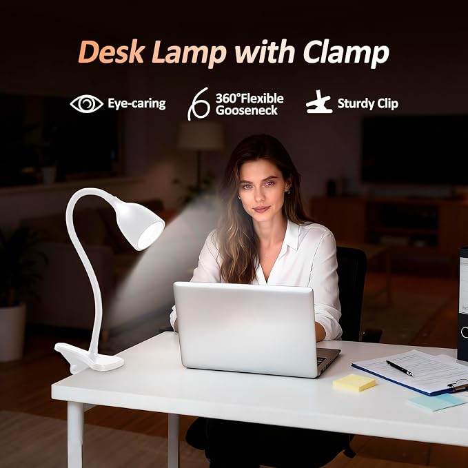 EJIAXIN Desk Lamp for Home Office - Clip on Reading Light and Bed Headboard Clamp Lamp, Bedside Gooseneck Table Lamp, Clip on Desk Lamps, Eye-Caring Desk Lamp for College Dorm Room Study Lamp, White