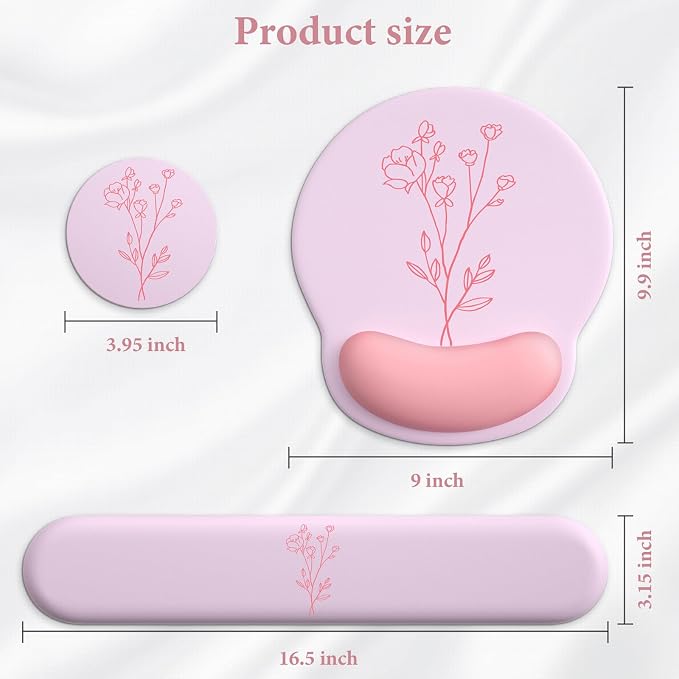3 in 1 Ergonomic Mouse Pad and Keyboard Wrist Rest with Coaster Set-Pink | Cute Large Mousepad with Gel Wrist Support for Gaming Computer Laptop Women Office Home Desk Decor