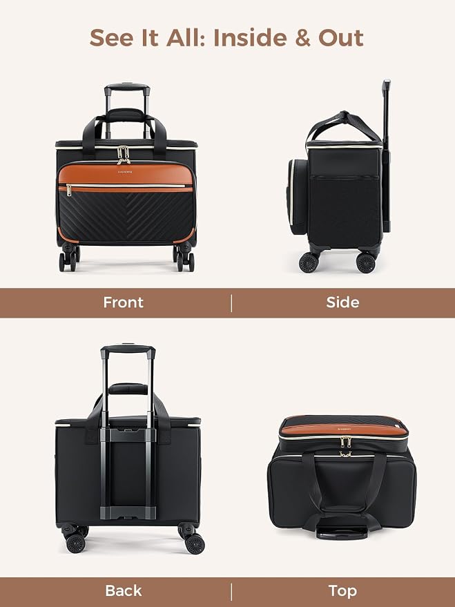 Rolling Teacher Bag with 4-Wheels 360° Spinner, Hardside Large | Laptop Rolling Briefcase for Women Teacher Office Craft Nurse, Roller Tote Work Bag with Accordion File, V-Quilt Black Brown
