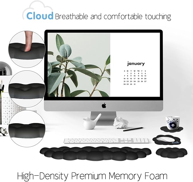 4 in 1 Ergonomic Leather Cloud Wrist Rest Keyboard and Mouse Pad & Coaster | Full 4-Piece Set, Non-Slip PU Base, Soft Memory Foam Comfort For Long Work/Gaming Hours, Cute Desk Decor, Easy To Clean