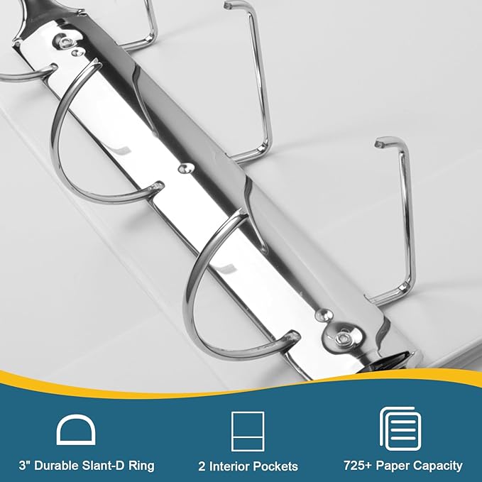 CIXILDTS 3-Inch 3 Ring Binder, Standard 3" Slant-D Ring Binder Fit Letter Size Paper, Presentation View Binders, White, 2-Pack