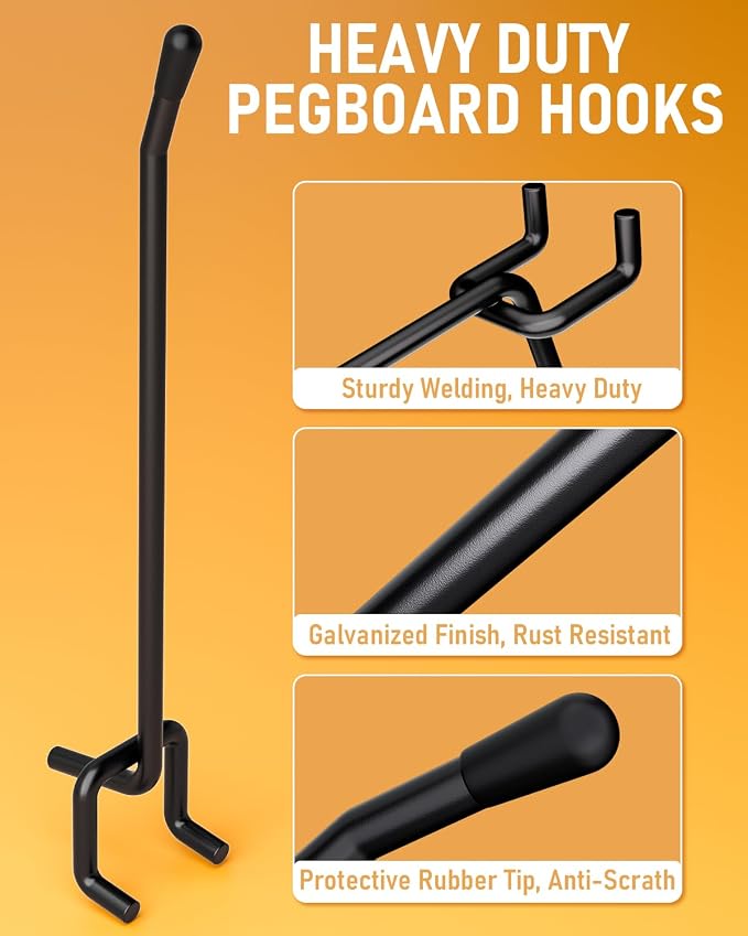 INCLY 60 Pack 6 Inch Black Pegboard Hooks, 1/4" Heavy Duty | Peg Board Shelving Hooks Accessories, Fit for 1/4" Pegboard, Garage, Crafts, Kitchen, Store, Peg Board Tool Hangers