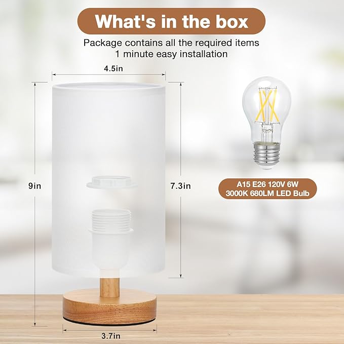 Small Table Lamps (White Shade - Wood Base, 9" Inline Control) | 3000K LED Blub Included | 680 Lumens | Easy Assembly | Minimalist Design | E26 | for Kitchen | for Kids Room