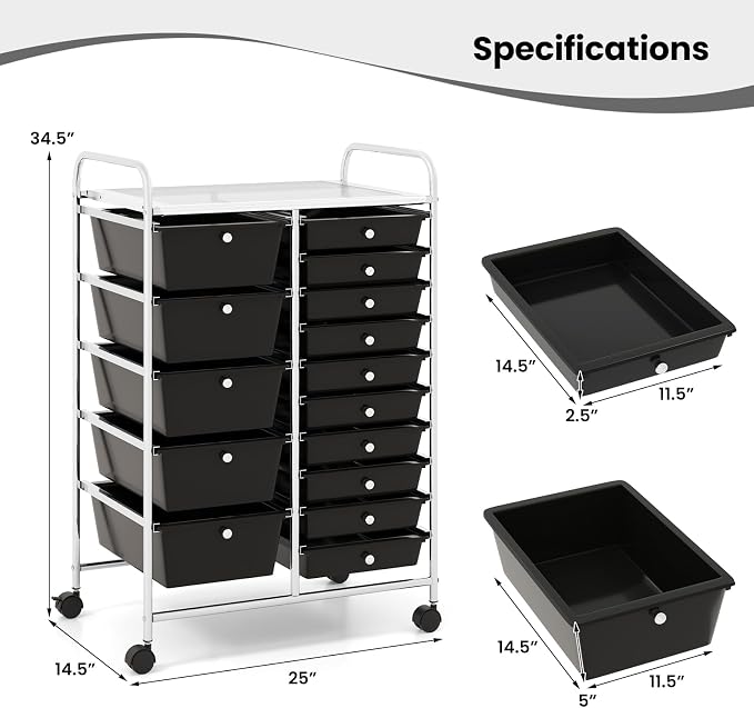 BECOMFORT 15-Drawer Rolling Cart with Drawers, Storage Cart on Wheels, Teacher Classroom Organizers with Metal Frame, Mobile Craft Cart for Tools, Trolley Utility Cart for School Office Play Room