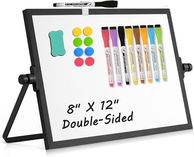 Double-Sided Magnetic White Board with Stand, 12" x 8" (Black) | Dry Erase Board with Stand, Desktop Whiteboard Easel , Portable Small White board dry erase for Drawing, Office, Home