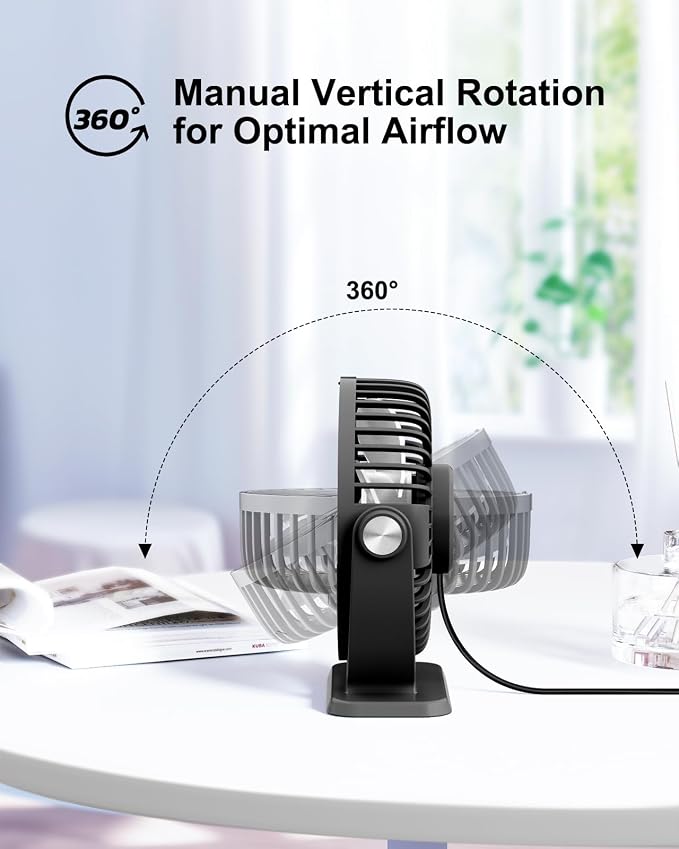 TriPole Small Desk Fan USB Powered Mini Portable Fan 360°Rotation, 5.1 Inch | 3 Speeds Plug In USB Desk Fan, Strong Airflow, Small Quiet Personal Fan for Home Office Bedroom Hotel Travel, 4.9ft Cable
