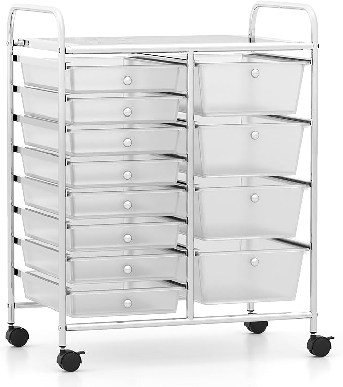 12 Drawer Rolling Storage Cart, Rolling Cart with Drawers for Classroom, Art Supply Craft Organizer on Wheel with Metal Frame & Handles for Home Office School (Clear, 12 Drawer Left-Right)