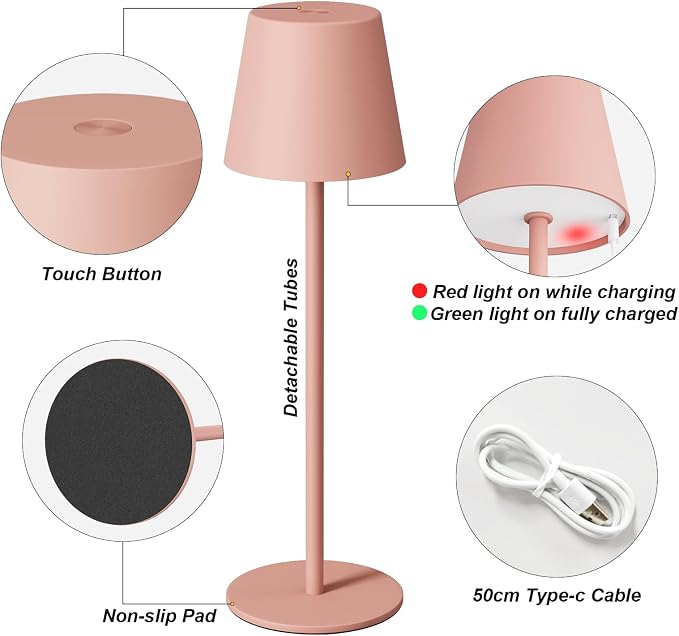 Kakanuo Cordless Table Lamp Rechargeable Pink - KK 2 Pack 5000mAH Battery Operated Lamp for Counter, 3 Color Stepless Dimming Wireless Lamp for Dining Kitchen, Outdoor Patio, Touch Control