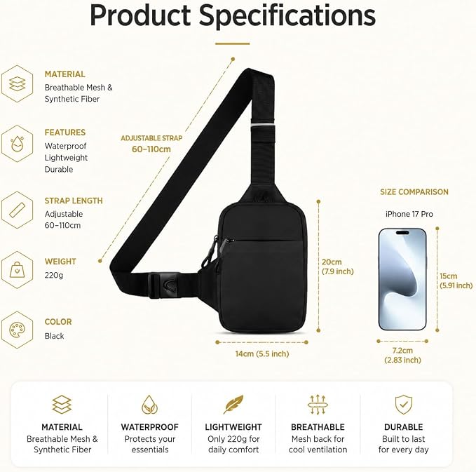 Simptech Mini Crossbody Sling Bag - Water-Resistant Dual Pocket Chest Pack - Lightweight Fanny Pack for Running, Travel & Everyday Workout