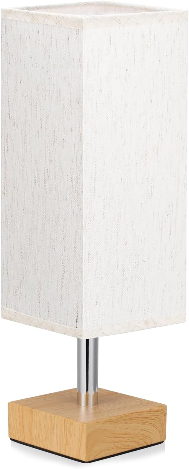 Wood-Grain Small Bedside Lamp for Bedroom - Square Cream Fabric Shade | Inline Rocker Switch, Corded Electric, Bulb Not Included, 12.8" Mini Table Lamp for Nightstand, Desk, Dorm, Office