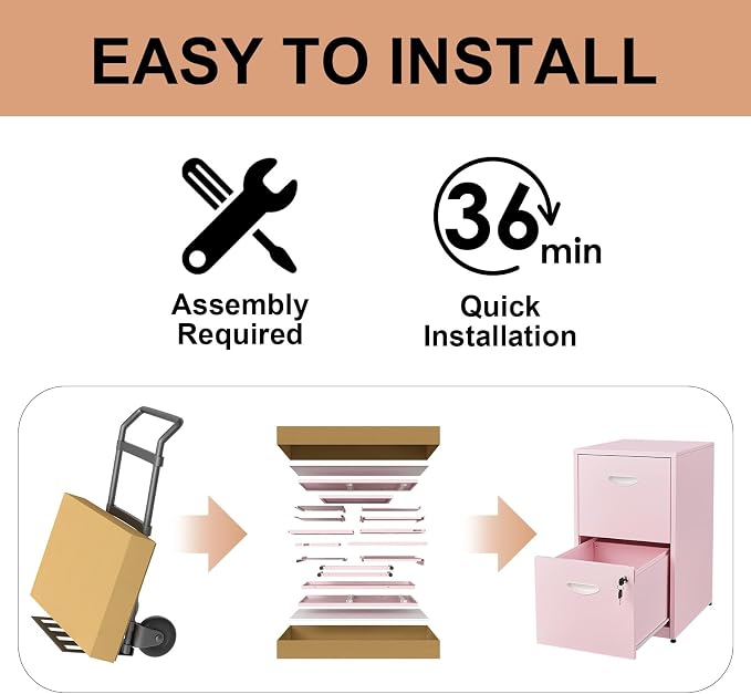 Polup 2 Drawer File Cabinet with Lock, Metal Filing Cabinet for Home Office | Small Locking Cabinet for Under Desk Storage, Printer Stand, Fits Letter Size, Pink, 26"H x 15"W x 18"D, Easy Assembly