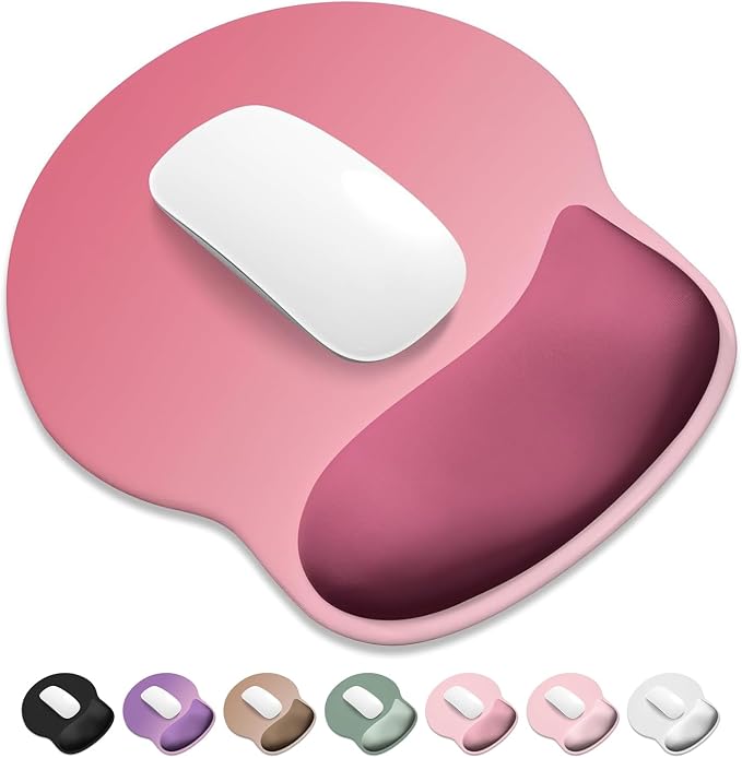 ITNRSIIET Ergonomic Mouse Pad with Wider Memory Foam Wrist Rest +17% - Curved Cushion Reduces Pressure 20%, Pain Relief, Non-Slip, Smooth, Cute Colors, 9.85 x 9 in, Pink Ombre