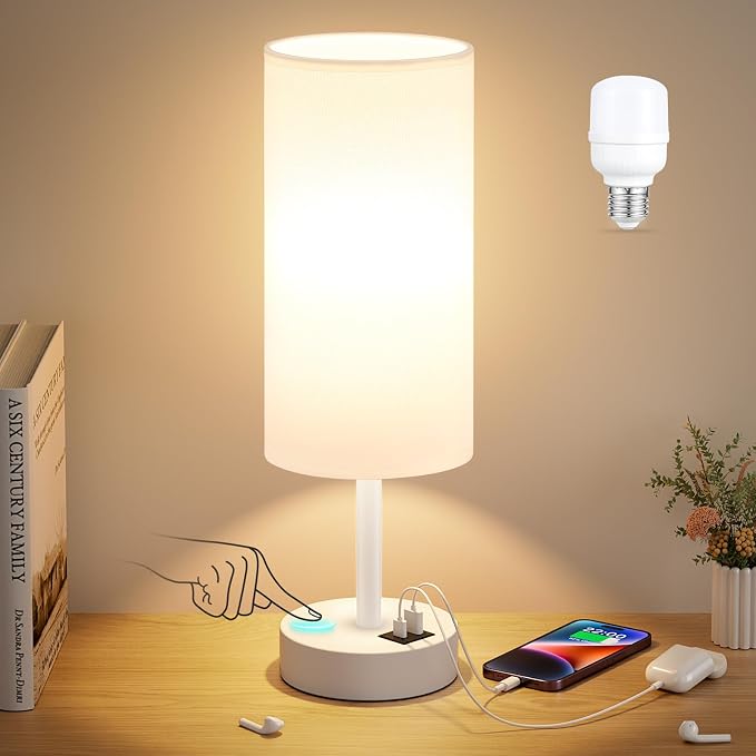 Dicoool Bedside Table Lamp for Bedroom - 3-Way Dimmable Touch Lamp, USB A+C | LED Bulb Included, 14" Small Nightstand Lamp for Desk, Living Room, Guest Room, White Fabric Lampshade, White Metal Base