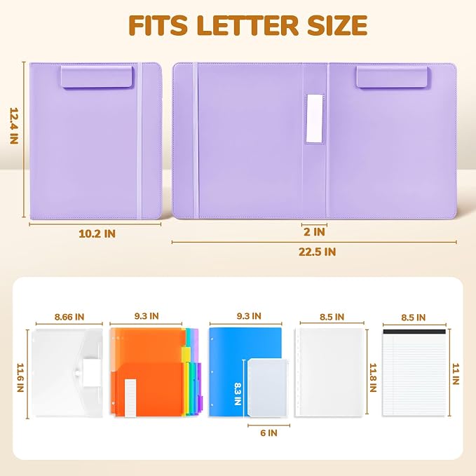 JoyCat 3 Ring Binder Clipboard with Storage, 5 Folders, Purple | 3 ring clipboard portfolio combines five expandable folders, a refillable letter-size notepad and storage