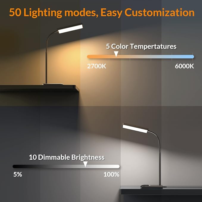 LEPOWER Desk Lamp, 800LM LED for Home Office, True Eye-Caring for Reading | 50 Lighting Modes, 2X Wider Panel, 360° Flexible Gooseneck, Touch Control, 12W Bright Table Lamp for Dorm, Bedroom, Study