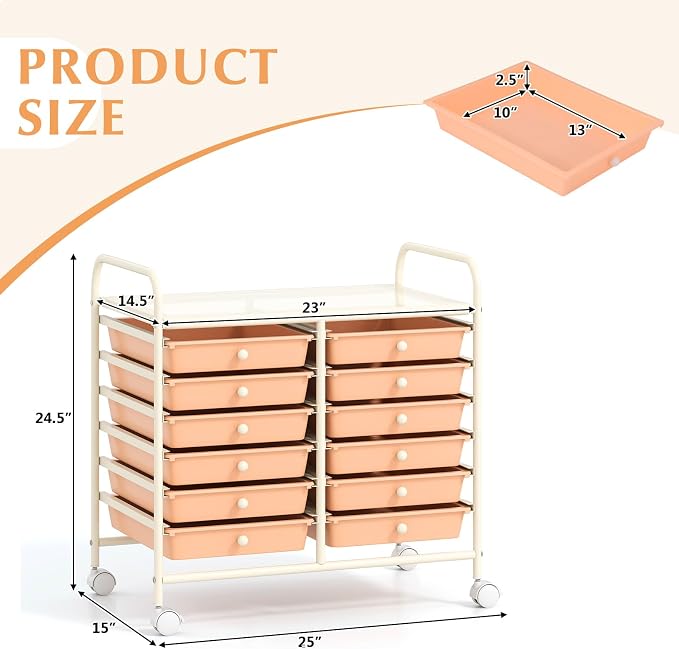 COSTWAY 12-Drawer Rolling Storage Cart, Utility Storage Organizer Cart | For Tools, Scrapbook, Paper, Craft, Multipurpose Art Supply Organizer on Wheels for Home Office School, Teacher, Peach