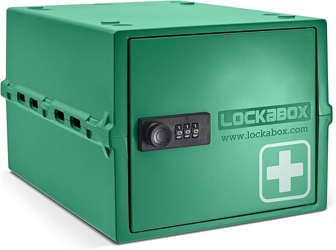 Lockabox One™ | Premium Medicine Lock Box | Medium Medication Lock Box With Code For Medicines, Vitamins & Supplements | External Size 12 x 8 x 6.6 inches (Medi Green)