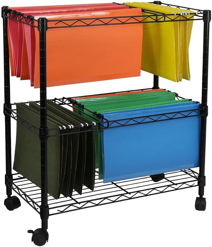 Oceanstar Portable 2-Tier Metal Rolling File Cart, Black