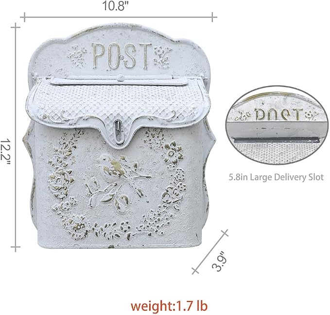 Wall Mount Mailboxes for Outside Vintage Mail Boxes for House Outside Metal Door Mailbox Drop Box Antique Style Nostalgic Charm Home Decorative, White Gray