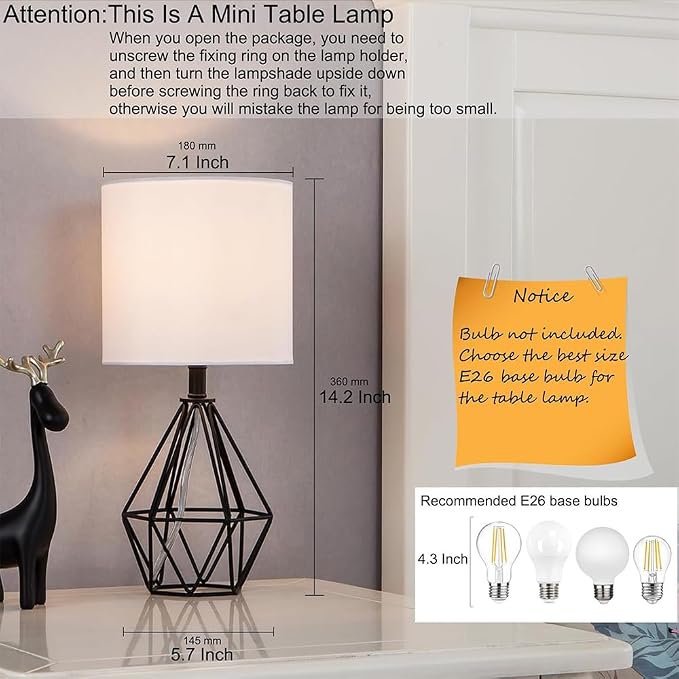 Black Bedside Table Lamps Set of 2, Small Nightstand Lamps for Bedroom, Modern Desk Lamps with TC Fabric Shade Geometric Metal Base for Living Room Study Office Farmhouse