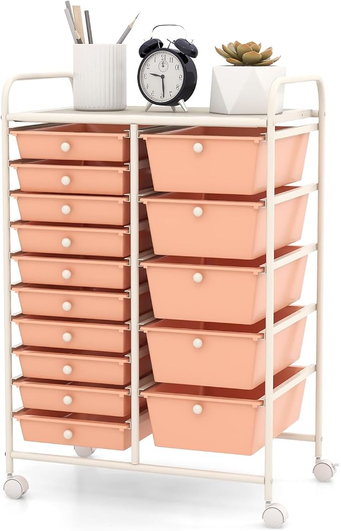 GLACER 15 Drawers Rolling Storage Cart, Steel Frame Craft Organizer Cart | Utility Cart w/Lockable Wheels & Sleek Handle, Mobile Art & Tool Supply Trolley for Teacher, Home, School, Office (Peach)