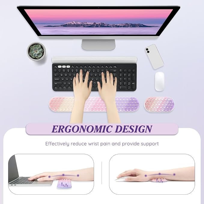 Keyboard & Mouse Wrist Rest Set, Wrist Gel Pad, Wrist Rest for Computer Keyboard Mouse, Cool Ergonomic Wrist Pain Relief Wrist Support Pad for Office School Home Laptop (Pink and Purple)