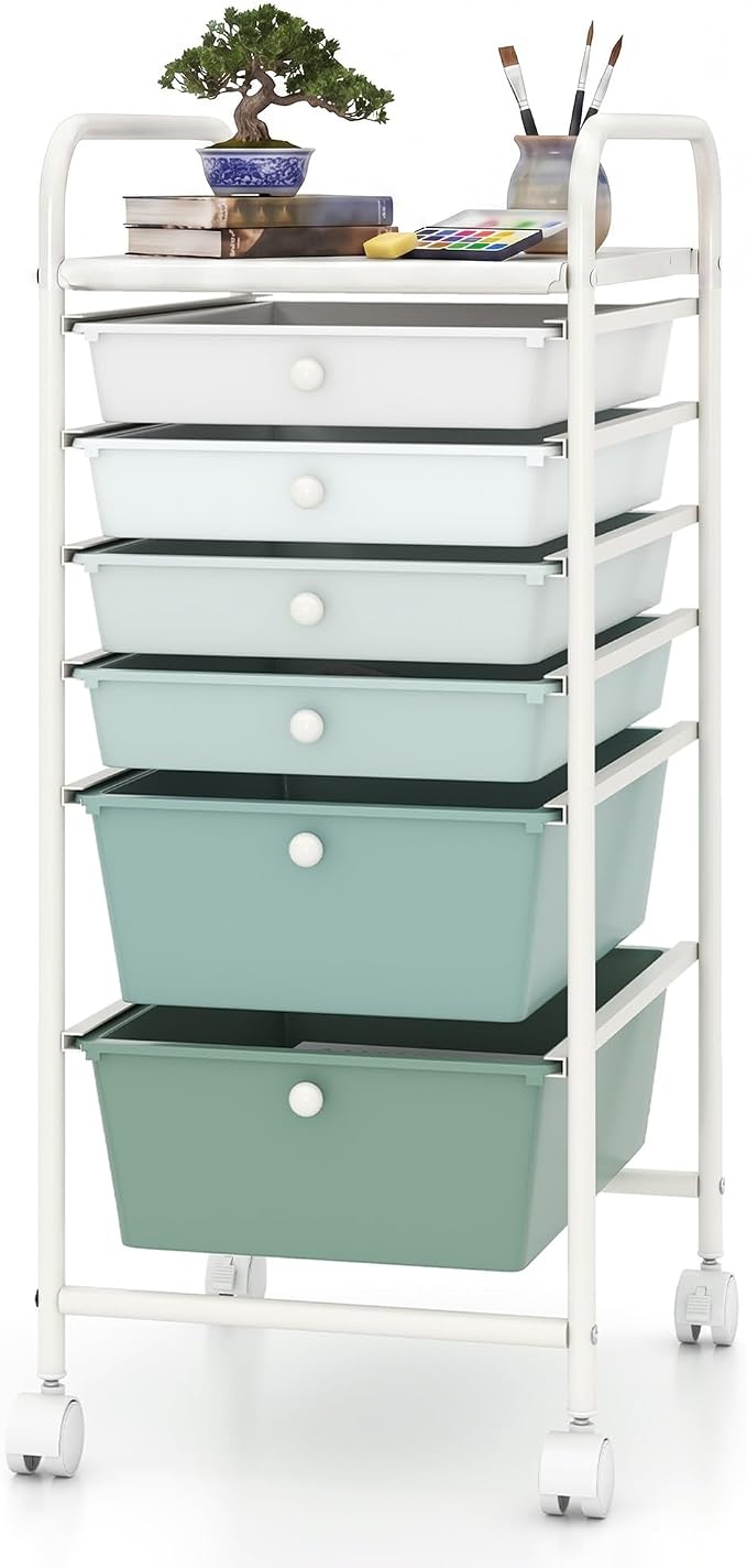 COSTWAY 6-Drawer Rolling Storage Cart, Art Craft Tools Organizer on Wheels | Multifunctional Heavy Duty Utility Mobile Storage Trolley w/ 2 Lockable Wheels for Home Office School (Green Gradient)