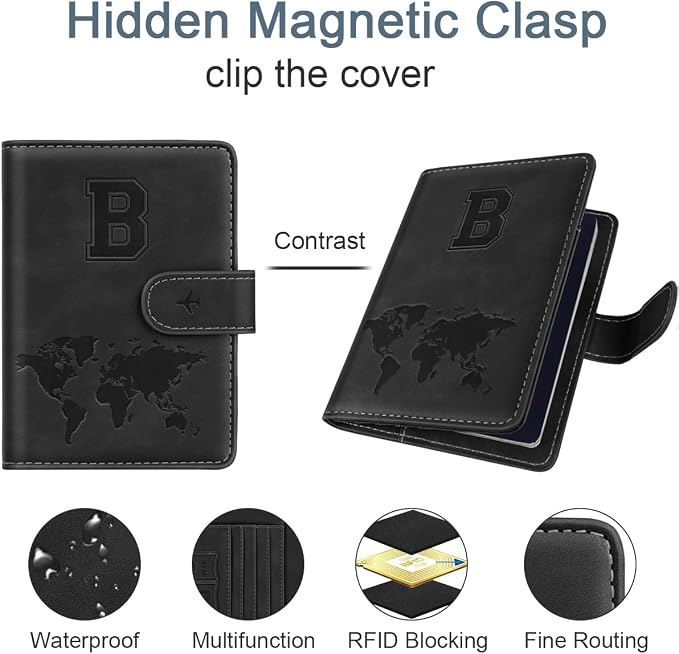 Passport Holder for Travel Essentials Personalized Initial Wallets | Embossed Letter A-Z Design, RFID Blocking, Passport Cover, Passport Book Holders, Men Women, Personalized Gifts, Black-B