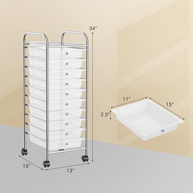 COSTWAY 10-Drawer Rolling Storage Cart, Utility Mobile Trolley | Removable Drawers & Universal Casters & 2 Brakes, Versatile Flexible Drawer Organizer Cart for Home, Office (Clear)