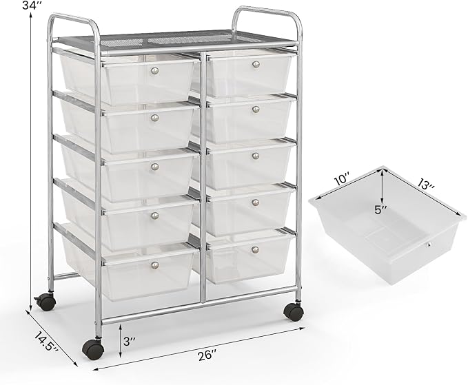 BECOMFORT 10-Drawer Rolling Cart with Drawers, Storage Carts on Wheels, Teacher Classroom Organizers with Metal Frame, Mobile Craft Carts, Trolley Utility Cart for School Office Play Room