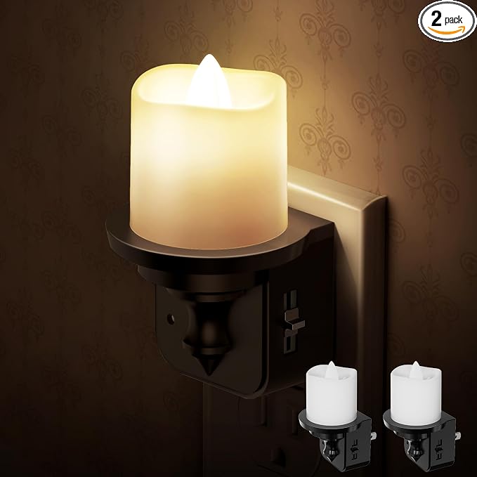 Flameless Candle Night Light, Night Lights Plug into Wall 2 Pack, LED Candle Night Light with Light Sensor, 0-100LM Dimmable Nightlight Plug in, 3000K Soft White Nightlight for Kids Hallway Bathroom