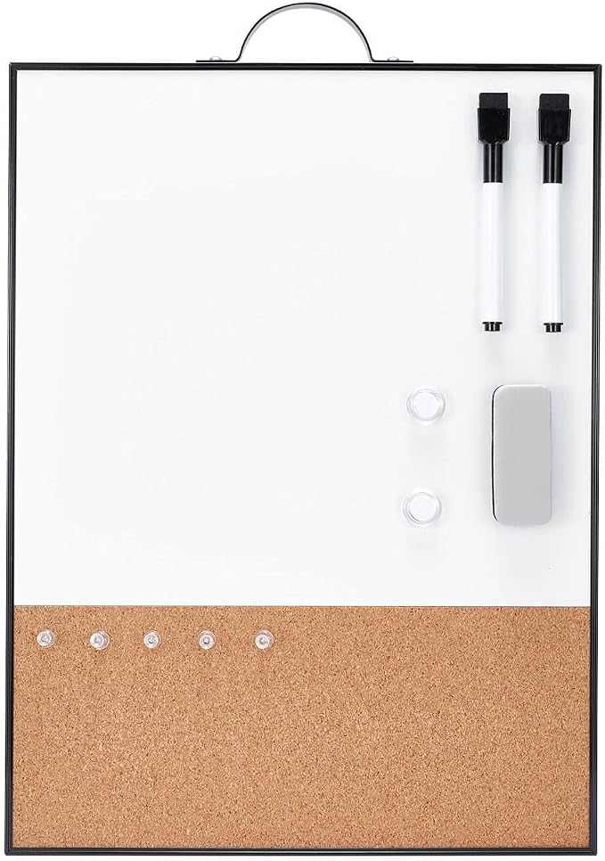 Small Whiteboard Cork-Board - 16" X 12" Portable Aluminum Black Framed Magnetic Dry Erase Board, Small Bulletin Cork Board with Holder for Office, Home and School