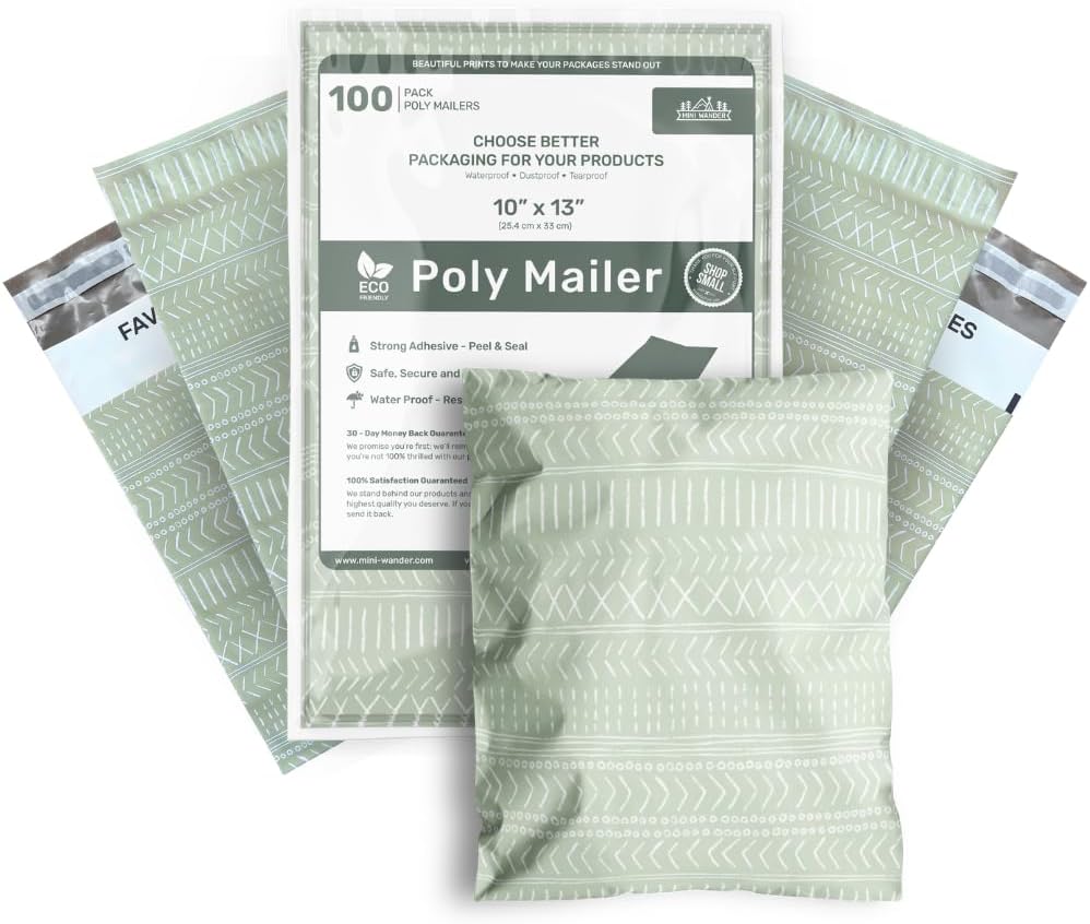 Poly Mailers 10x13 Inch 100 Pack Medium Shipping Bags Strong Thick Mailing Envelopes | Self Sealing Adhesive | Waterproof & Tear Resistant | Small Business Packaging for Clothing - Boho Sage Green