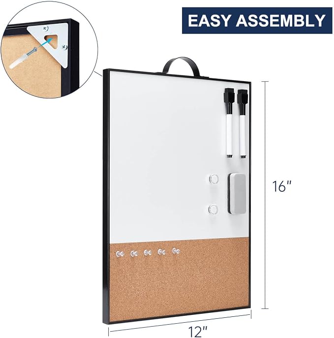 Small Whiteboard Cork-Board - 16" X 12" Portable Aluminum Black Framed Magnetic Dry Erase Board, Small Bulletin Cork Board with Holder for Office, Home and School