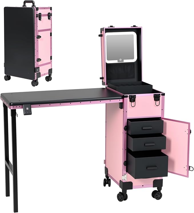 Rolling Portable Manicure Table with 3 Drawers, Lockable Makeup Train Case with Detachable Mirror, Foldable Nail Desk with Wheels & Handle, Mesa de Uñas Profesional para Nail Techs & Salon Use, Pink