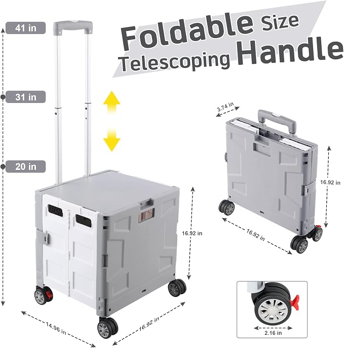 FELICON Folding Utility Cart Rolling Crate Handcart Basket Tote-Gray+White | Collapsible Hidden Lid,Plastic Box,Telescoping Handle,4 Rotate Wheels for Travel Shop Move Grocery Laundry Office Teacher Use