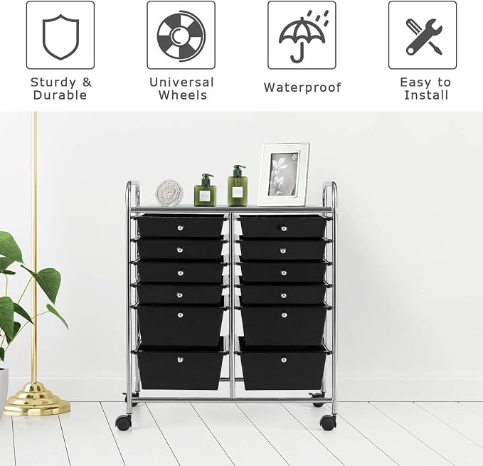 12 Drawer Rolling Storage Cart, Craft Cart Organizer on Wheels w/Metal Frame, Large Capacity & Smooth Drawer, Rolling Cart w/Drawers for Classroom, Office