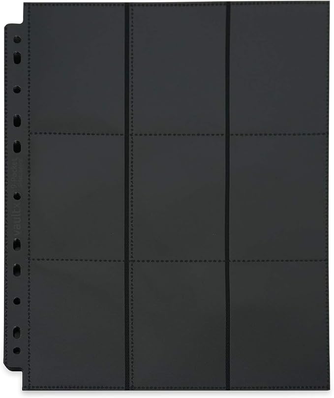 Vault X 9 Pocket Sideloading Pages for 3 Ring Binder (50 Pack) 900 Cards, Double-Sided A4, Storage for Trading Cards (Black)