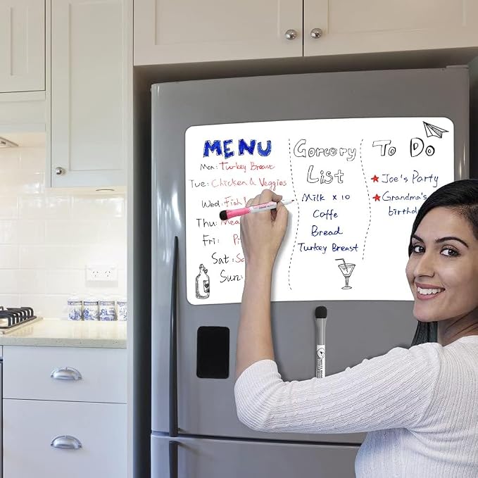 Magnetic Dry Erase Board Fridge Whiteboard Sheet 12"x8" | Easy to Write & Clean, Small Refrigerator Magnet, White Board Planner for Kitchen Shopping List & Memo, 2 Markers & Eraser