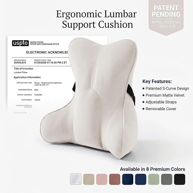 Lumbar Support Pillow(Pat. Pend) – Multi-Functional Ergonomic Back Cushion for Sofa Chair, Car Seat & Sofa, Reading Pillow with Firm Multi-Zone Support to Relieve Lower Back Pain, Misty White